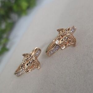 Rose Gold Medusa Face Motif Design Huggie Hoop Earrings CZ Accents